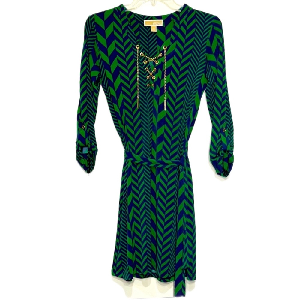 Michael Kors Green Navy chevron dress Gold chain XS
